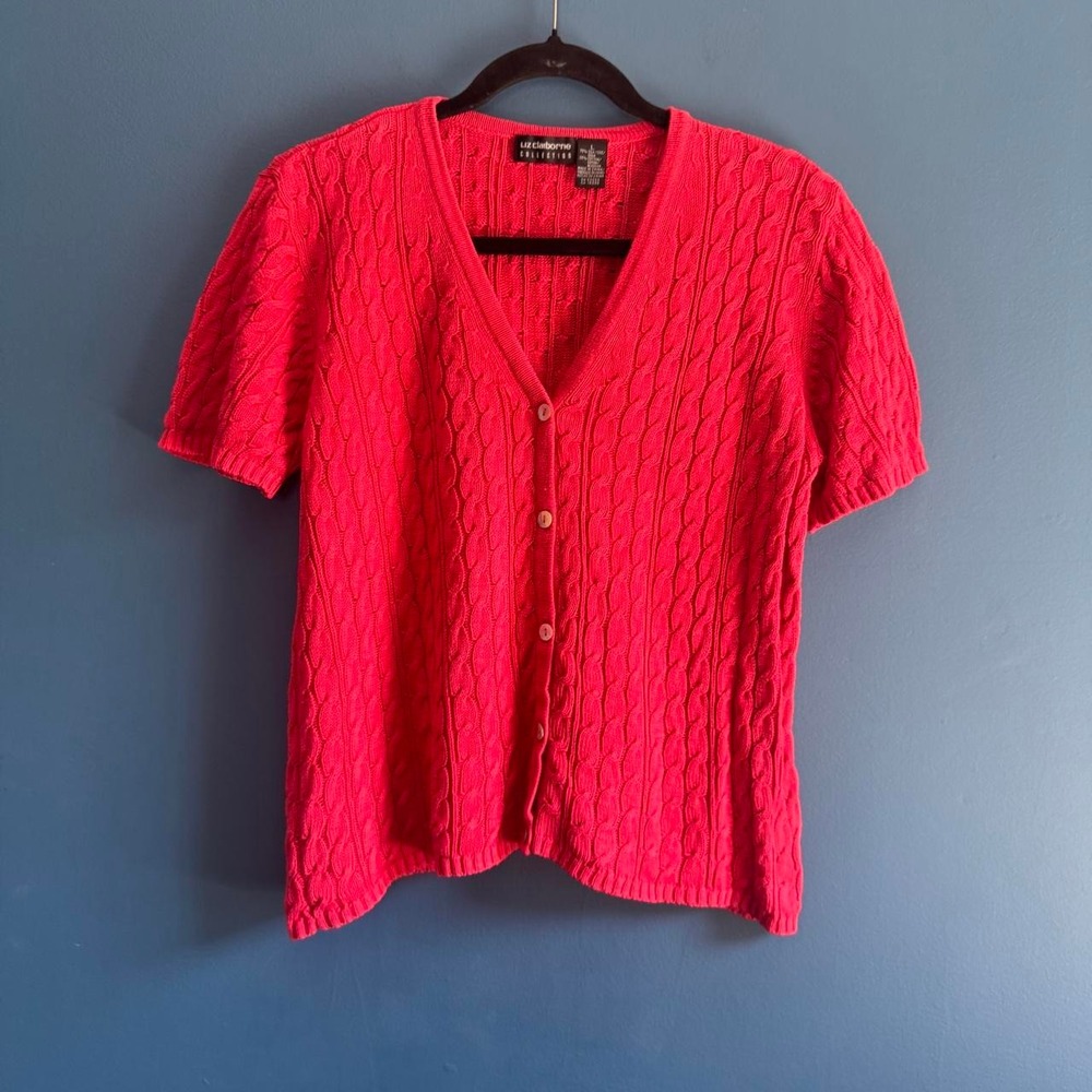 Vintage 90s Short Sleeve Cardigan Women's Size Large Liz Claiborne Red Pink Silk